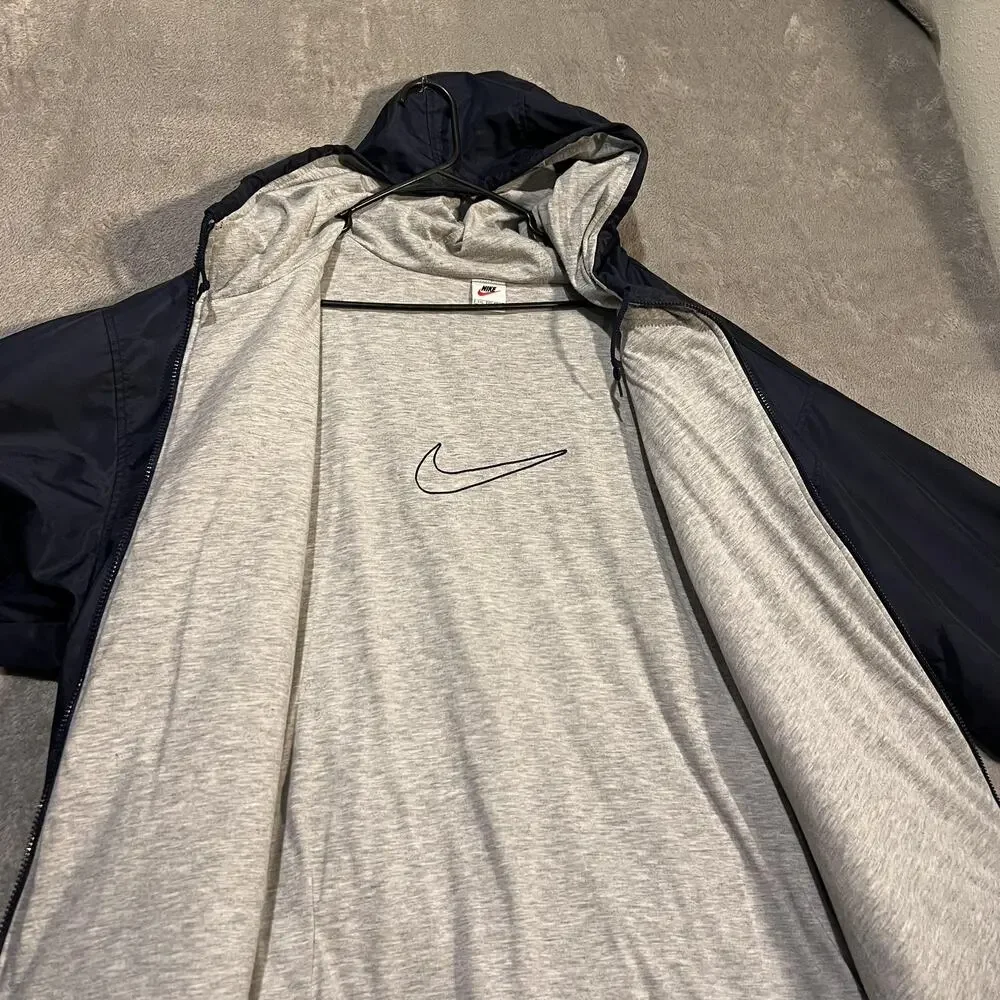 Nike Jacket Mens 2XL Navy Blue Hooded Full Zip Cotton Embroidered Lined Swoosh